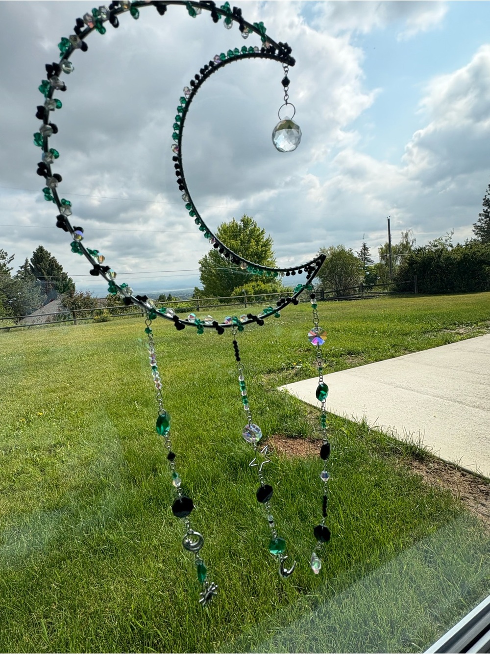 Large Silver Crescent Moon with emerald green and black sparkles